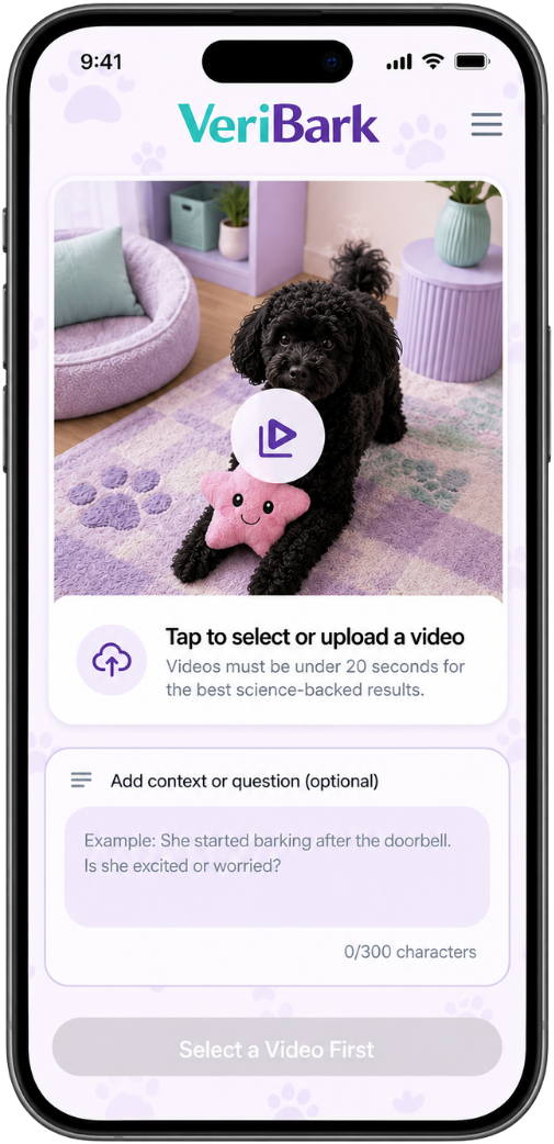 VeriBark screen for selecting a dog video and adding optional context or a question